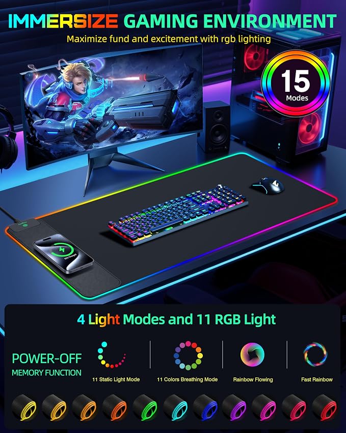 RGB Gaming Mouse Pad with 15W Magnetic Wireless Charging, 31.5"x15.7" | Large Desk Mat, 15 Lighting Mode, Ultra-Smooth Surface, Non-Slip Mousepad, Waterproof Computer Keyboard Pad for Gamer, Black - Image 3