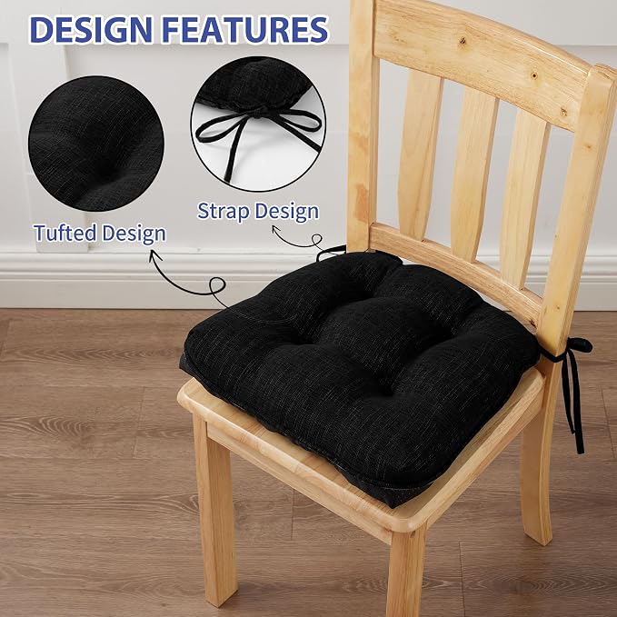 IPYNBAP Chair Cushions for Dining Chairs Set of 6, Kitchen Chair Cushions, Chair Pads with Ties and Non Slip Backing, Tufted Memory Foam Seat Cushion 6 Pack, 15.5" x 15.5" x 4", Black - Image 4