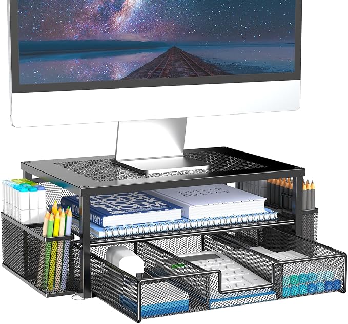 MINDEPOT 2 Tier Computer Monitor Stands with Drawer and 2 Pencil Holder | Computer Monitor Stands with Drawer and 2 Pencil Holder by MINDEPOT