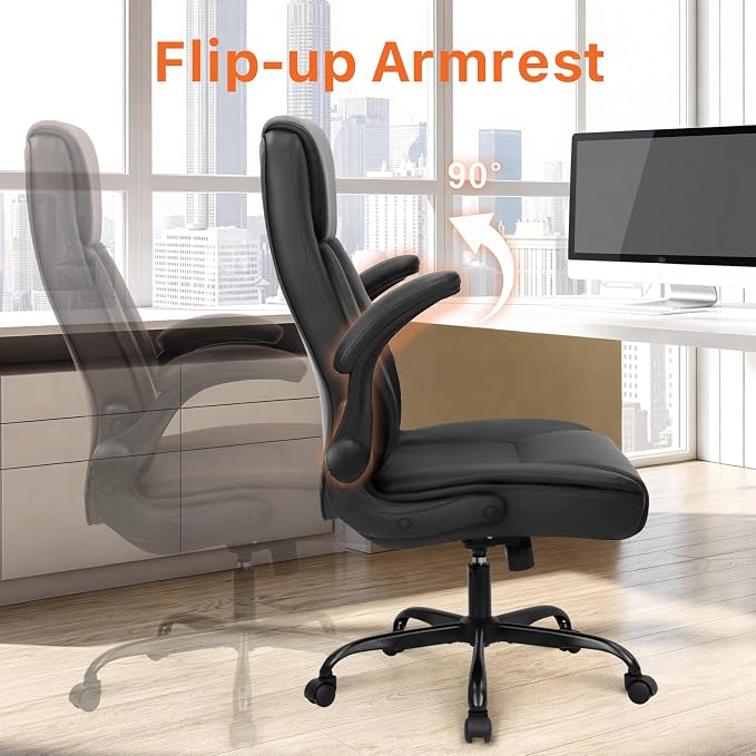 NEO CHAIR Office Desk Chair, High Back PU Leather with Flip-up Arms, Black | Ergonomic Tall Computer Desk Chair Comfy, Height Adjustable, Swivel Rolling Wheels for Office Home Gaming Study - Image 6