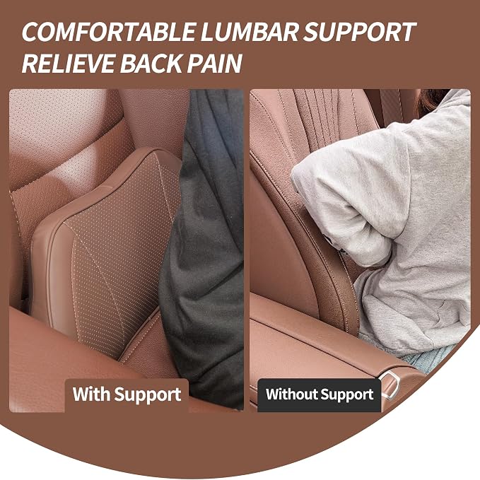 Car Lumbar Support Pillow for Driving Seat, Brown, 1 Pack | Leather Memory Foam Lumbar Cushion for Lower Back Pain Relief, Universal Back Support for Driving, Home & Office Chairs - Image 3