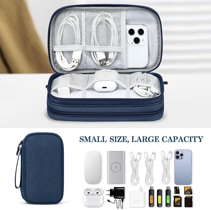 FYY Electronic Organizer, Travel Tech Pouch Bag, Medium, Navy | Wrist Strap, Waterproof, Double Layers Portable Electronics Travel Carrying Case for Cord, Charger, Daily Business Trips Use - Image 6
