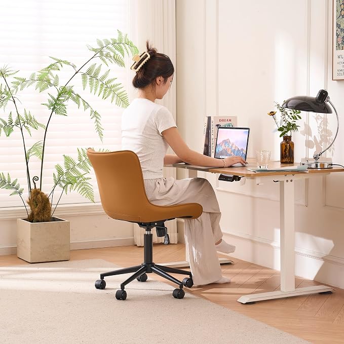 YOUNIKE Office Desk Chair with Wheels Armless Vanity Chair Modern Tan | Faux Leather Upholstered with Rocking Back, Swivel Height Adjustable Small Cute Computer Rolling Task Chair Ergonomic 300lb - Image 5