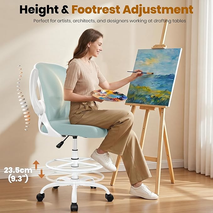 Drafting Chair Tall Office Chair with Flip-up Armrests Executive Ergonomic Computer Standing Desk Chair with Lumbar Support and Adjustable Footrest Ring（Light Blue） - Image 6