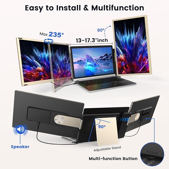 15.6" Laptop Screen Extender, 1080P FHD IPS Triple Portable Monitor, Detachable & Multiple Modes, USB-C/HDMI Plug-Play Monitor Extender for Mac/Win/Android, Fits 13-17" Laptops - Image 3