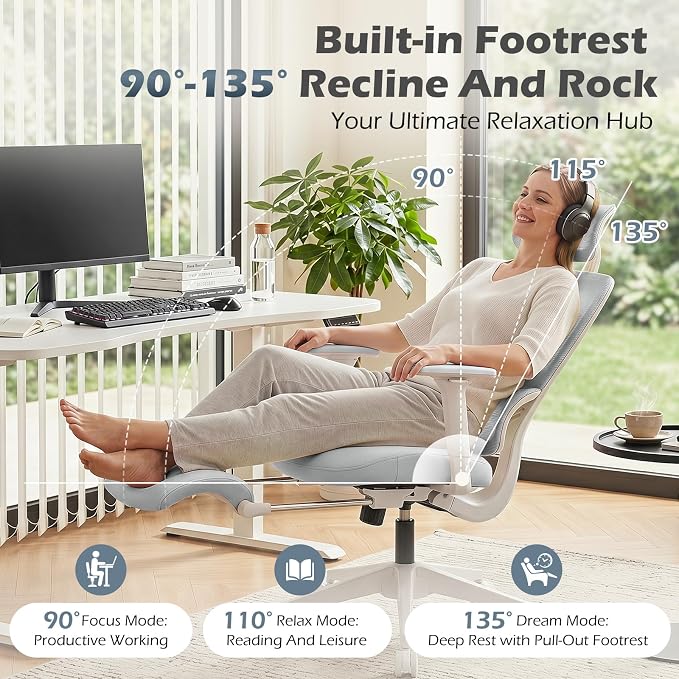 Ergonomic Office Chair with Footrest and Dynamic Lumbar Support, Grey | Reclining high-back computer chair, memory foam seat, 2D armrests, 2D headrest, mesh desk chair for home office, long hours - Image 5
