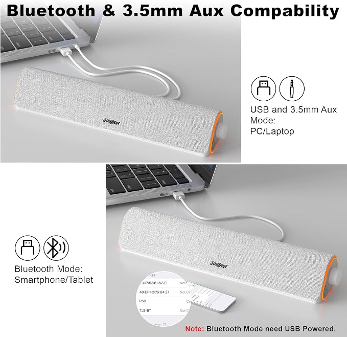SOULION Bluetooth Computer Speakers PC Sound Bar for Desktop Monitor White | USB Powered & 3.5mm, Colorful LED Lights, Switch Button Clear & Rich Sound, Breathable Cloth,Surround Soundbar - Image 4