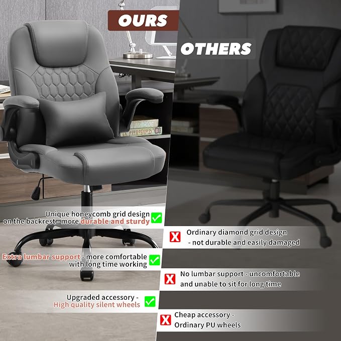 PU Leather Office Chair Swivel Lumbar Support for Short People Grey | Executive Office Chair PU,Leather Office Chair with Wheels,360° Swivel Rolling Chair with Padded Arm,Ergonomic Computer Chair - Image 8
