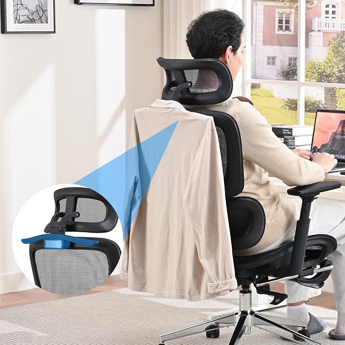 Mesh Ergonomic Office Chair with Footrest, Black | High Back, Lumbar Support, Adjustable Headrest and Armrests, Gaming Chair,Home Office Desk Chair - Image 9