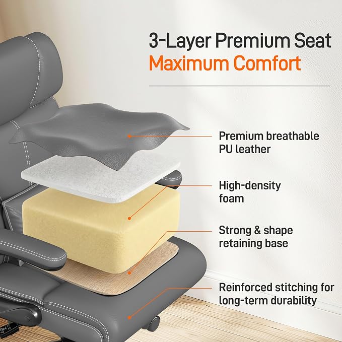 Office Chair, Executive Mid-Back Computer Desk Chair with Flip-up Armrests | 300 Lbs Ergonomic Leather Swivel PC Chair with Rock Function for Working Studying (Gray) - Image 7