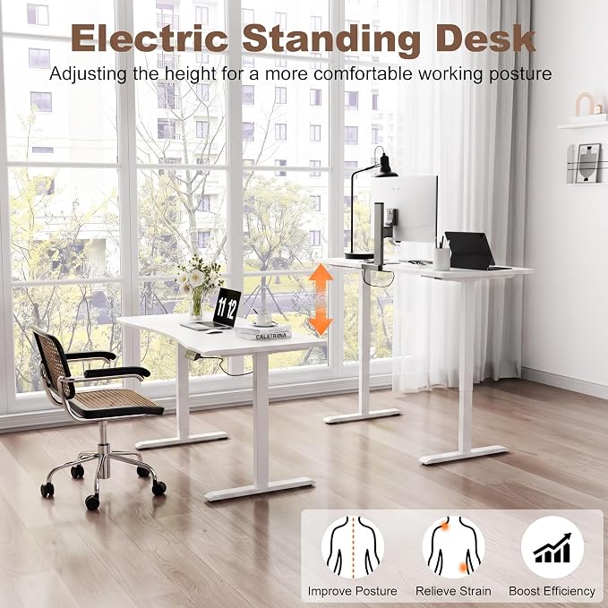 Solid Wood Electric Standing Desk, 47.2"x23.6" White Standing Desk | 1 BOX,Home Office Desk with 3 Stages Single Motor,Standing Desk White with T-Shaped Metal Bracket for Gaming - Image 9