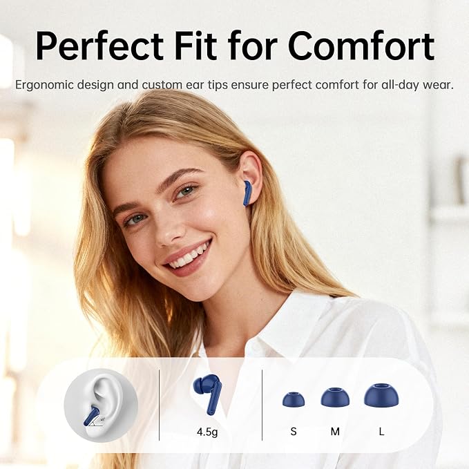 xinwld Adaptive Hybrid Active Noise Canceling 2026 Wireless Earbuds, 6 Mics ENC Clear Call Ear Buds, Hi-Res Audio Deep Bass Bluetooth 5.4 Headphones, 40H Playtime, Wireless Charging, LED, USB-C, Blue - Image 7