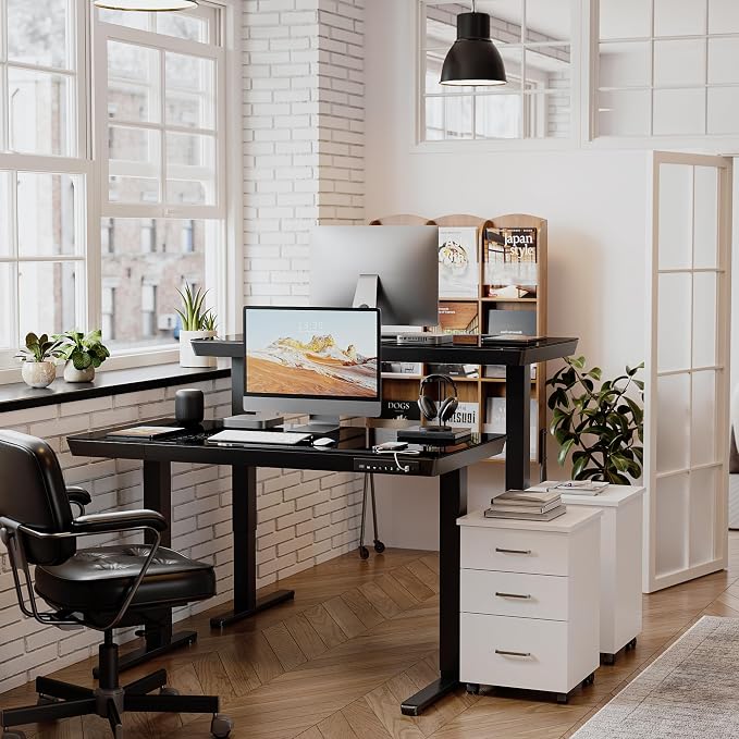 BANTI Electric Standing Desk with Drawers, 48 inch Whole-Piece Glass Desktop, Height Adjustable Stand up Sit Stand Home Office Ergonomic Workstation, Black Tabletop - Image 2