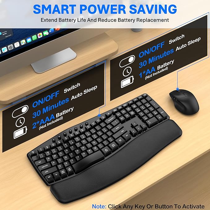 Ergonomic Wireless Keyboard Mouse Combo, EDJO Bluetooth/2.4G Dual-Mode Connection, Soft Foam Wrist Rest, Silent Typing, Waves Key Design and 3-Level DPI Adjustable Wireless Mouse for Windows, Mac OS - Image 6