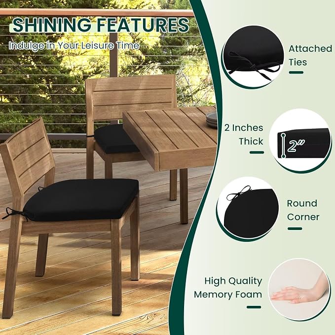 HARBOREST Outdoor Chair Cushions Set of 2, Water Resistant Patio Chair Cushions with Ties, Outdoor Seat Cushions for Patio Furniture, 17"x16"x2", Black - Image 3