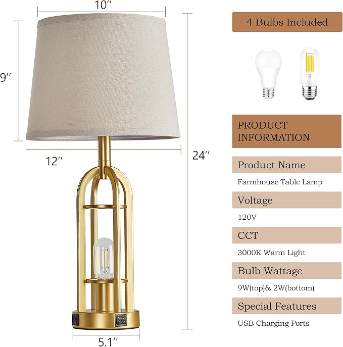 SRJJA Gold Table Lamps for Living Room Set of 2 - Modern Farmhouse Bedside Lamps for Bedroom Night Stands with Nightlight and USB A+C, Industrial Lamp for Living Room End Tables - Image 6