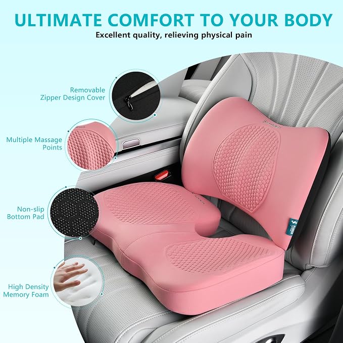 Car Seat Cushion and Back Support for Office Chair Memory Foam Chair Cushions Pressure Relief Seat Pads with Gel Massage Point Lumbar Support Relief Sciatica & Tailbone (Pink) - Image 2