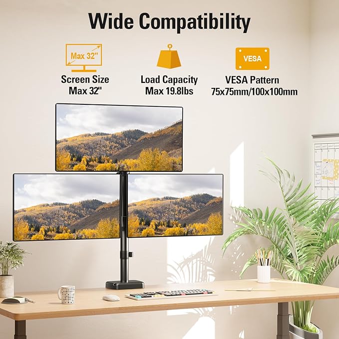 Triple Monitor Mount up to 32" Computer Screen, up to 19.8lbs Each, Adjustable 3 Monitor Stand with Clamp & Grommet Kit, Gas Spring Arm with Tilt Swivel Rotate, VESA Mount 75x75/100x100mm - Image 2