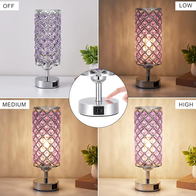 Crystal Table Lamp, 3 Way Dimmable Touch Lamps for Night Stands, Purple | Purple Crystal Table Lamp with USB C+A 3-Way Dimmable Bedside Lamp - Image 3