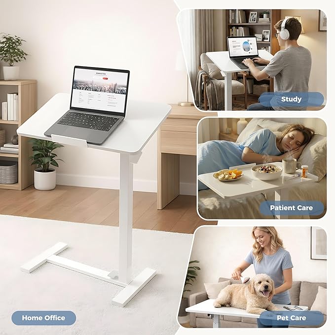 DUMOS Adjustable Rolling Desk, Standing Desks, Overbed Table | Mobile Hidden Wheels, Portable Laptop Computer Workstation, Bed Sofa Couch Use, Milk - Image 4