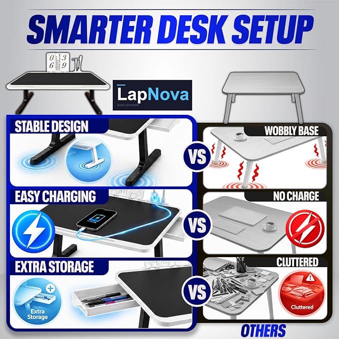 USB-C LED Light Foldable Lap Desk with LED Lamp, Cooling Fan & Book Stand — Portable Bed Laptop Table with Side Drawer, Phone & Tablet Holder, Fast Charging Port - Image 5