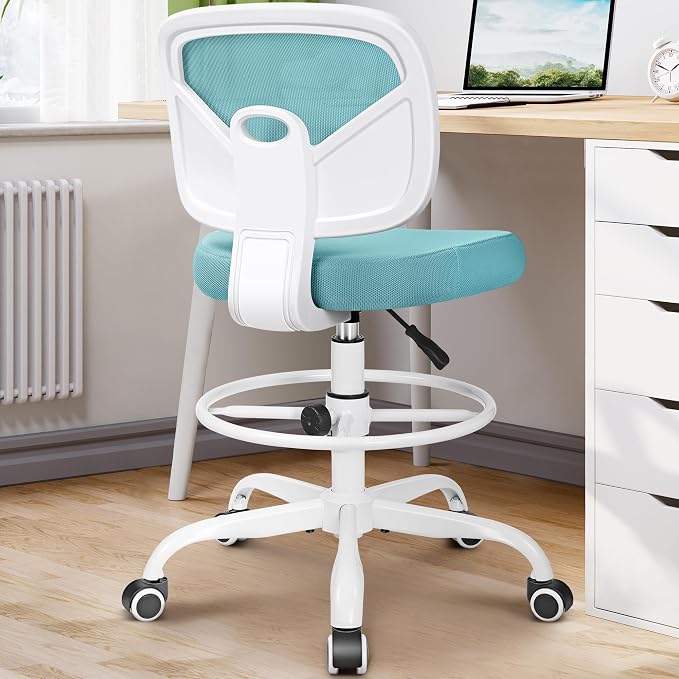 Armless Tall Desk Chair, Adjustable Height and Footring, Low-Back Ergonomic Standing Desk Chair Mesh Rolling Tall Chair for Art Room, Office or Home (Teal) - Image 2