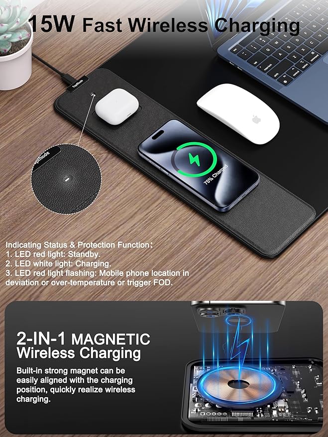 TopMade Mouse Pad with 15W Fast Wireless Charging, 31.5"x15.75" XXL Large Gaming Mousepad, Waterproof Desk Pad, Computer Desk Mat, Black(Includes 20W PD Power Adapter & 6.56ft Woven Cable) - Image 2