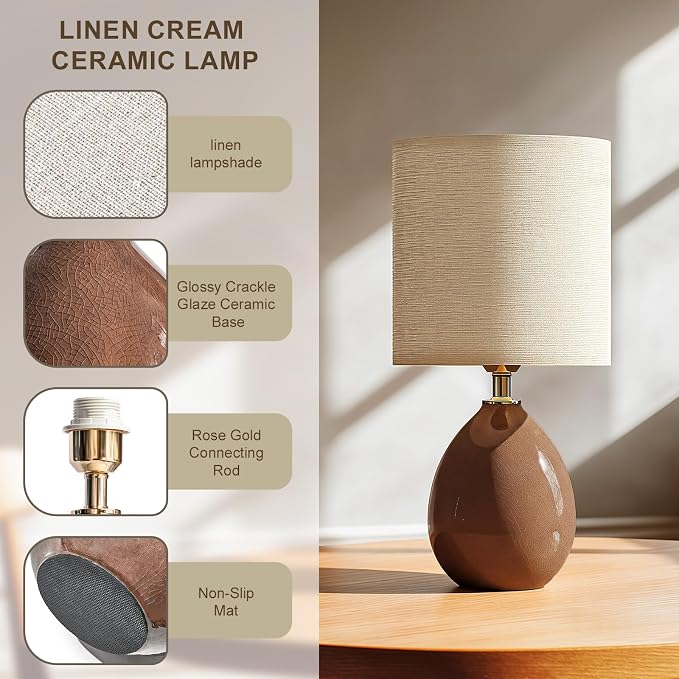 18.5" Ceramic Table Lamps Set of 2 for Living Room Bedroom, Coffee | Bedside Lamps for Bedroom Nightstand, Ice Crackle Home Bedroom Living Room Decor, Linen Fabric Shade, 3-Color Temperature - Image 4