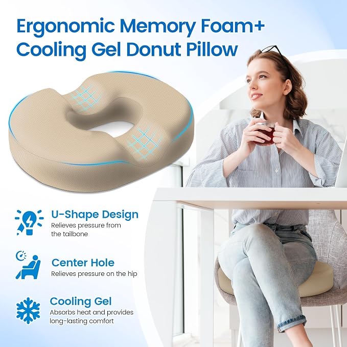 Donut Pillow Seat Cushion, Cooling Gel Memory Foam Chair Cushion, Khaki | Office, Home & Car Seat Cushion, Butt Pillow for Tailbone Pain Relief, Hemorrhoids and Everyday Sitting Comfort - Image 3