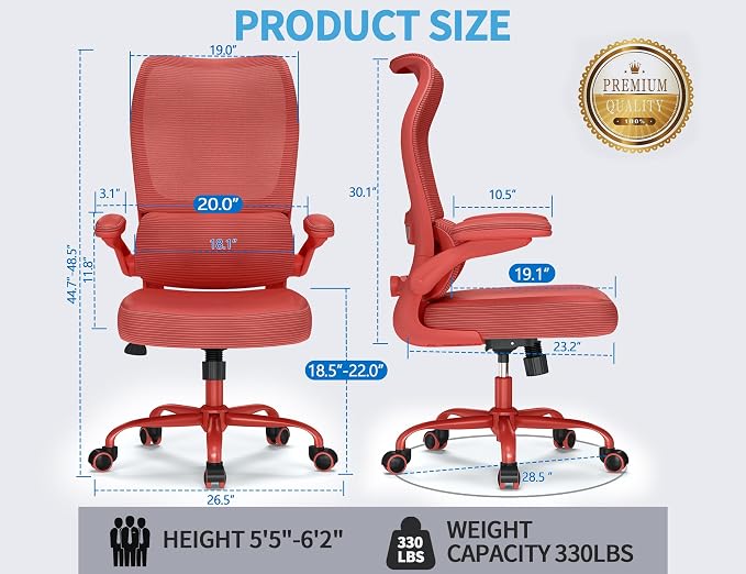 TRALT Office Chair Ergonomic Desk Chair - Gaming Chair with Lumbar Support | 330 LBS Home Office Desk Chairs , Reading Chair with Flip-up Armrests, Comfortable Computer Chairs (1, RED) - Image 2