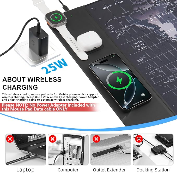 VOVIPO Wireless Charging Mouse Pad 15W, Waterproof Gaming Mousepad with Ultra-Smooth Surface, Non-Slip Base, XXL Large Desk Mat 90 x 40cm,Black World Map Computer Desk Pad for MacBook, PC, Laptop - Image 3