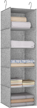 Hanging Closet Organizer 5-Shelf, Oxford Linen Wardrobe Storage, Gray | Easy-mount foldable design holds clothes, handbags, shoes & accessories; washable Oxford fabric, sturdy and space-saving. by DonYeco