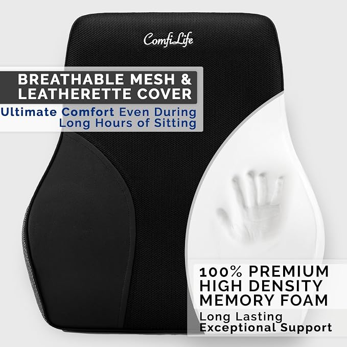 ComfiLife Lumbar Support Pillow for Office Chair – Premium Memory Foam Lumbar Pillow – Back Support for Office Chair, Car – Back Pain Relief, Improves Posture – 3 Adjustable Straps, Mesh + Leatherette - Image 7