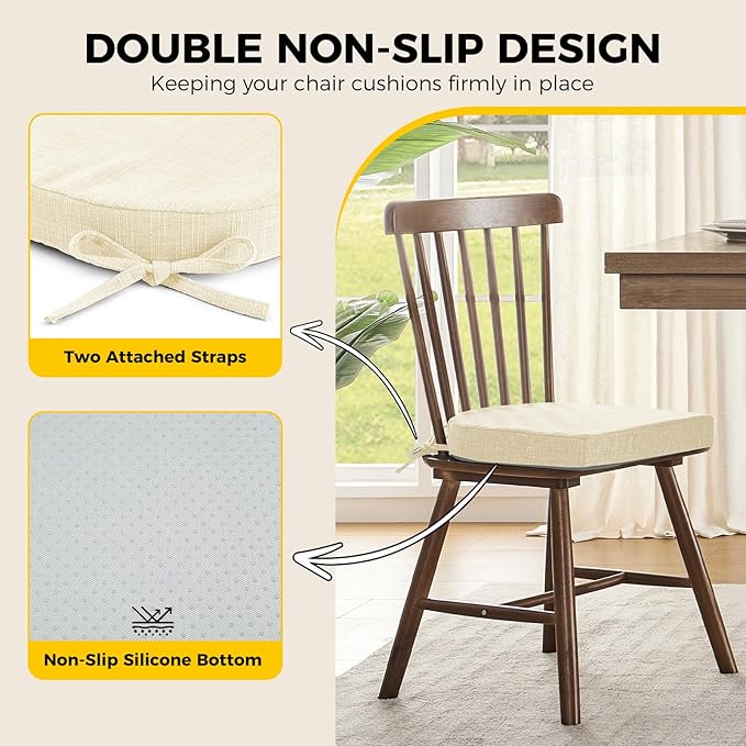 downluxe Indoor Chair Cushions for Dining Chairs, Soft and Comfortable Textured Foam Kitchen Chair Pads with Ties and Non-Slip Backing, 16" x 16" x 2", Beige, 2 Pack - Image 4