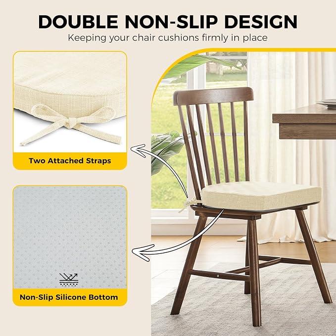 downluxe Indoor Chair Cushions for Dining Chairs, Foam Kitchen Chair Pads with Ties and Non-Slip Backing, 16" x 16" x 2", Beige, 6 Pack - Image 4