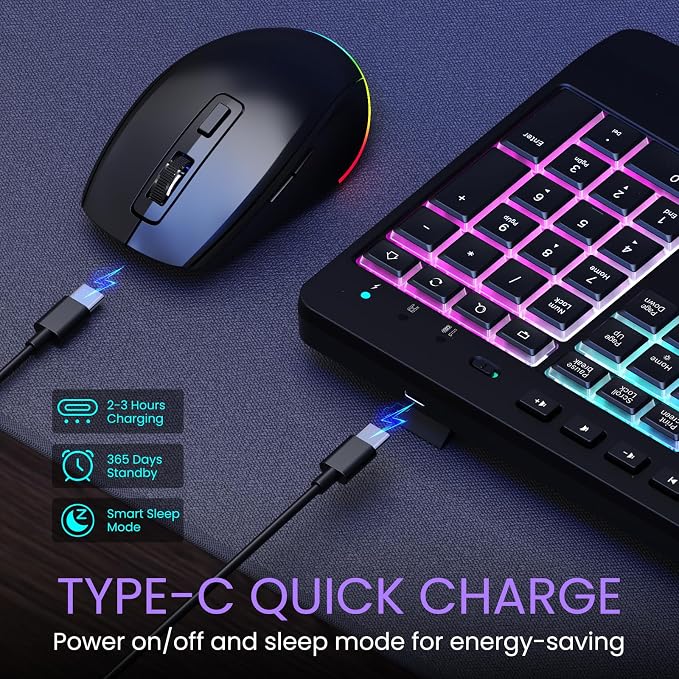 Wireless Keyboard and Mouse Combo- VEILZOR 2.4G Rechargeable Keyboard with Phone Holder, Ergonomic Wrist Rest, 9 RGB Backlit Effects, Silent Keyboard Mouse Set for Windows, Laptop, PC | 2.4G Wireless Light Up Keyboard Set, Phone Holder, Wrist Rest, 9 R... - Image 4