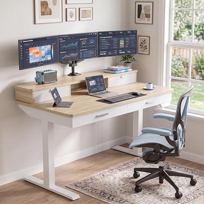 HUANUO 55 x 30 inch Electric Standing Desk with 2 Wood Drawers, Adjustable Height Sit Stand Desk for Home Office, Ergonomic Stand up Desk with 4 Memory Presets, 176 lbs Capacity, Natural Top - Image 2