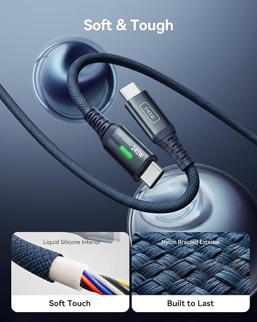 INIU 240W USB C to USB C Cable, [6.6ft+6.6ft] Fast Charging Type C, Blue | Nylon Braided, Fast Charging, LED Indicator, USB-C Data Transfer, for iPhone 17 16 Pro, MacBook Pro, iPad, Samsung S26 etc - Image 5