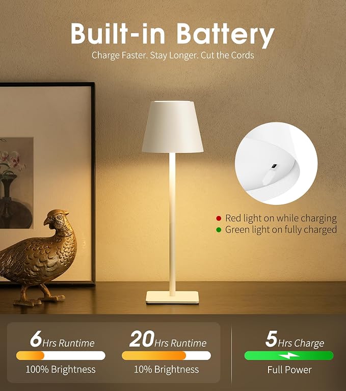 UME 3 Pack Cordless Table Lamp, Battery Operated Lamp - Portable Waterproof Rechargeable Table Lamp w/ 3 Color Temps & Stepless Dimming for Dinner, Desk, Cafe, Outdoor (White) - Image 5