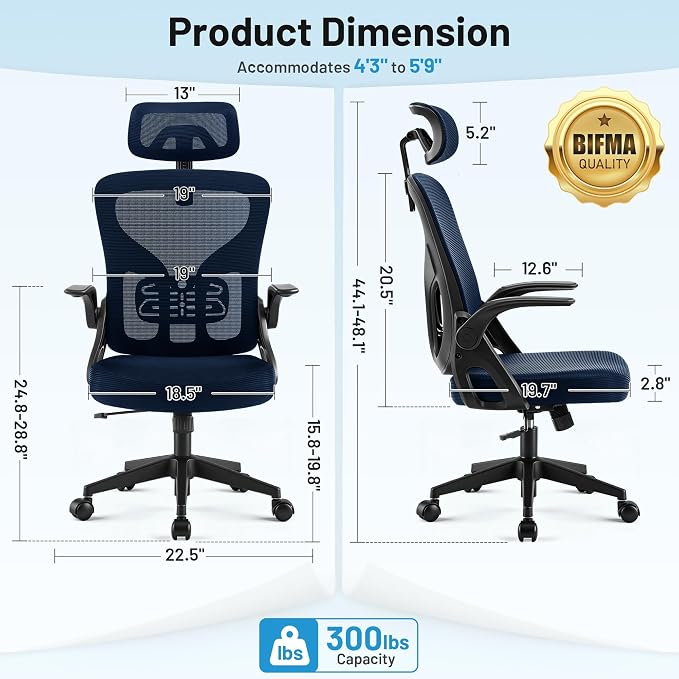 Office Chair Ergonomic Desk Chair with Adjustable Headrest Lumbar Support, High Back Breathable Mesh Chair with 120° Tilt & Flip-Up Armrests, Swivel Comfy Task Computer Chair for Work, Study - Image 2