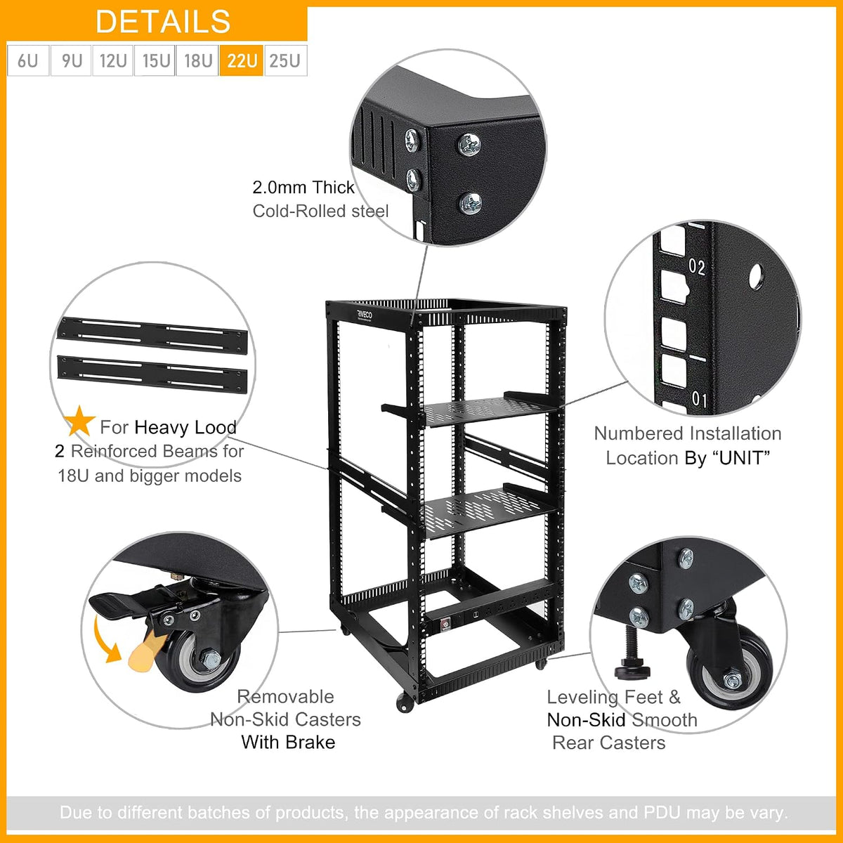 22U Open Frame Server Rack with Brake Casters +19" Rail Mounting PDU (8 Outlets) Power Strip with Surge Protector + 2PCS Rack Shelves Cantilever Tray Set Black - Image 4