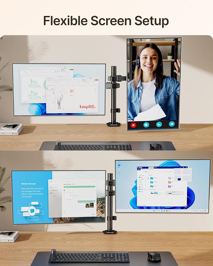 monTEK Dual Monitor Stand for 17-32" Screens, 22 lbs Each | Dual-screen desk mount, height adjustment, tilt, swivel, rotation, clamp/grommet bases and VESA 75/100 - Image 3