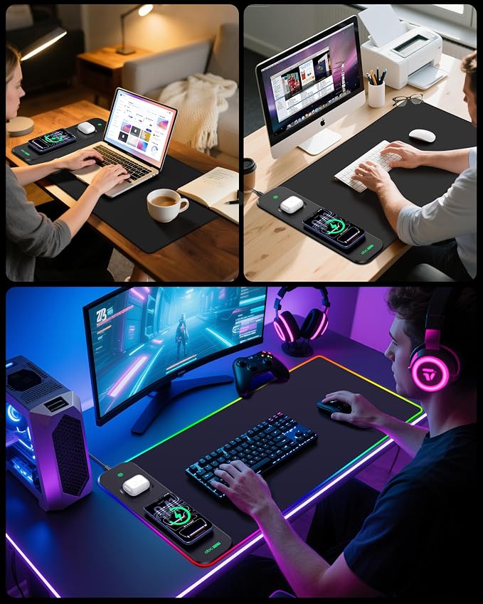 Magnetic Wireless Charging Mouse Pad Gaming, 31.5"x15.8" Large Desk Mat | RGB Mousepad, Smooth Glide, Stitched Edge, Non-Slip Rubber Base, Desk Pad Computer Keyboard Mat, No Adapter - Image 8