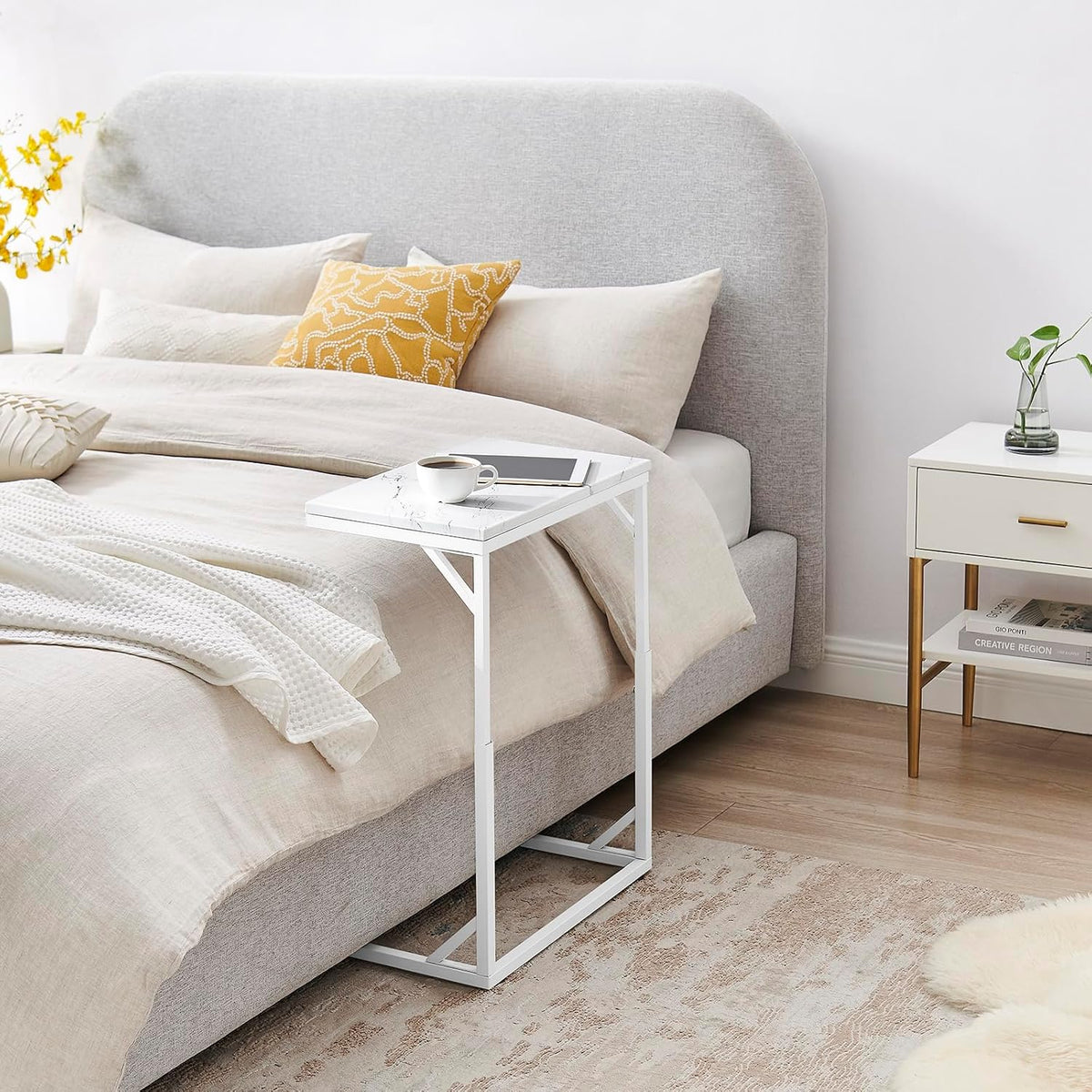 C-Shaped End Table, Small Sofa Table with Metal Frame, Adjustable Height Side Table for Couch, Living Room, Bedroom, Bedside (White, Medium) - Image 3