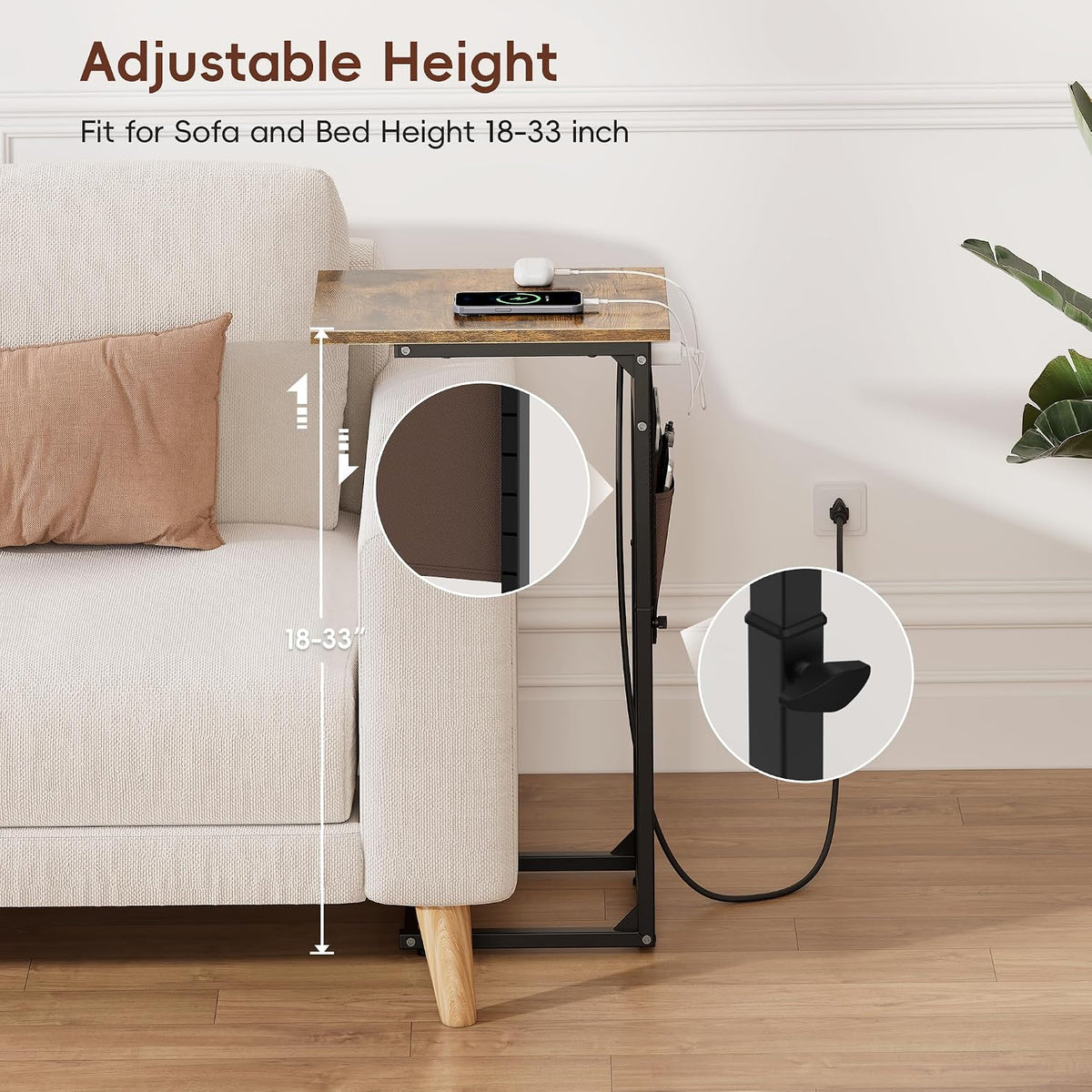 C Shaped End Table with Charging Station, Adjustable Height Side Table for Couch, Small Sofa Table with Storage Bag, Slide Under Sofa TV Tray Snack Arm Tables for Living Room, Bedroom, Brown - Image 4
