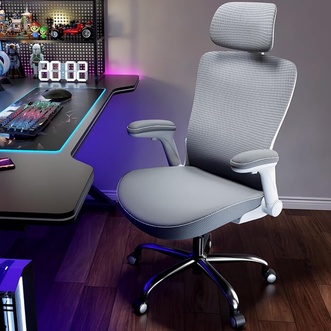 Ergonomic Office Chair:Home Office Desk Chairs with Headrest Lumbar Support | Ergalithic Ergonomic Desk Chair X-Shaped Mesh PU Leather Executive Computer Chair High Back Flip-Up Arms for Long Hour(W-G) - Image 9