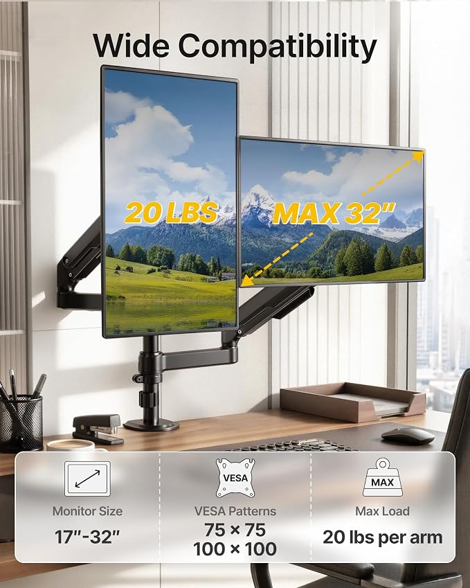 monTEK Vertical Stacked Dual Monitor Stand, 17–32", Full Motion Desk Mount | Vertical Stacked Dual Monitor Stand, Max Height 24.59", Full Motion Swivel/Rotation For 17–32" Monitor, Up To 19.8 Lbs Each - Image 2