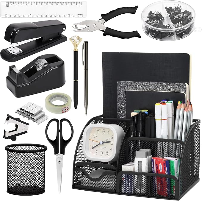 13-in-1 Office Desk Organizer Set for Back to School Supplies Accessories | Organizer Set with Stapler and Tape Dispenser, Pen Holder, Scissors, Ruler, Hole Punch, 2 Pens & More Desk Supplies by SYMDROMIA