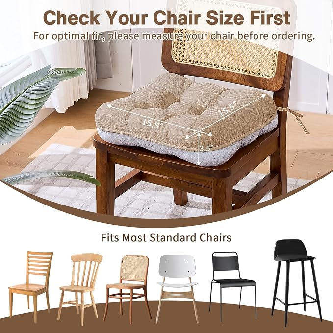 BETU Chair Cushions for Dining Chairs Set of 6,Kitchen Table Chair Pads with Ties,Non Slip Backing and Covers, Seat Cushion for Dining Room,Bar,Patio Chairs,15.5"X15.5"X3.5" - Image 4