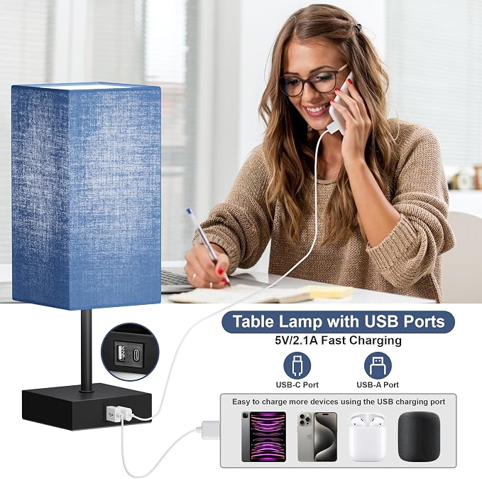 Touch Bedside Table Lamp for Bedroom, 14-Inch, Navy Blue Set of 2 | USB A+C Ports, Touch 3-Way Dimmable LED Bulb Included Fabric Lampshade Metal Base Small Nightstand Lamp for Desk Living Room - Image 3